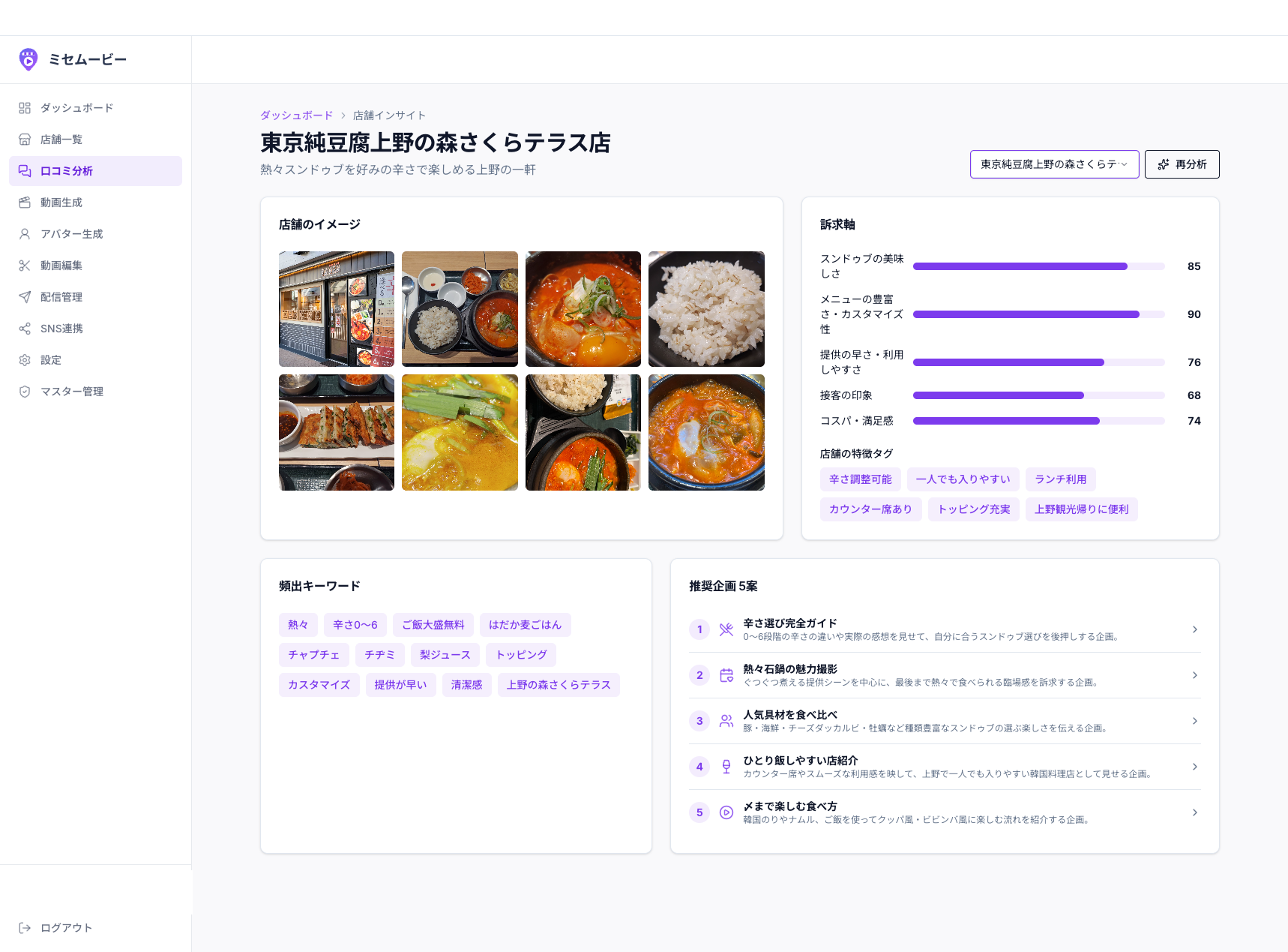 ミセムービーの口コミ分析画面 — 訴求軸スコア・特徴タグ・頻出キーワード